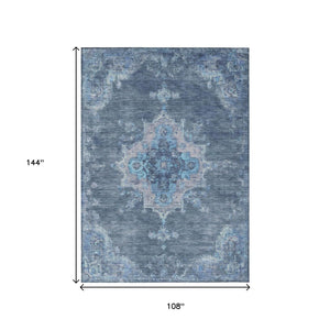 HomeRoots 9' X 12' Blue And Gray Medallion Washable Area Rug for Indoor & Outdoor Use - Durable & Stylish Decor 659196