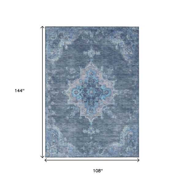HomeRoots 9' X 12' Blue And Gray Medallion Washable Area Rug for Indoor & Outdoor Use - Durable & Stylish Decor 659196