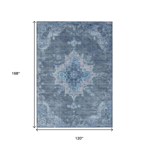 HomeRoots 10' Medallion Area Rug - Stylish Blue & Gray Washable Design for Indoor/Outdoor Durability & Comfort 659197