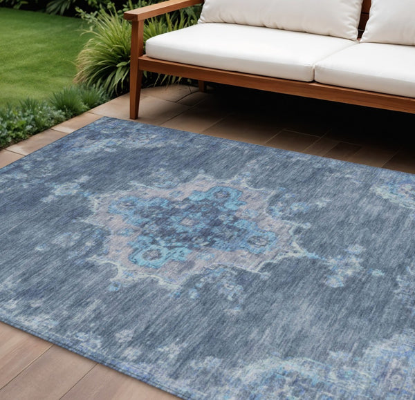HomeRoots 10' Medallion Area Rug - Stylish Blue & Gray Washable Design for Indoor/Outdoor Durability & Comfort 659197