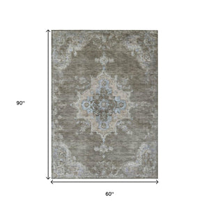 HomeRoots 5' X 8' Brown Beige Blue Medallion Washable Area Rug - Durable, Stylish, Indoor & Outdoor Use! 659199