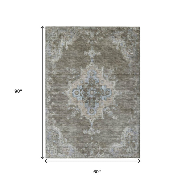 HomeRoots 5' X 8' Brown Beige Blue Medallion Washable Area Rug - Durable, Stylish, Indoor & Outdoor Use! 659199