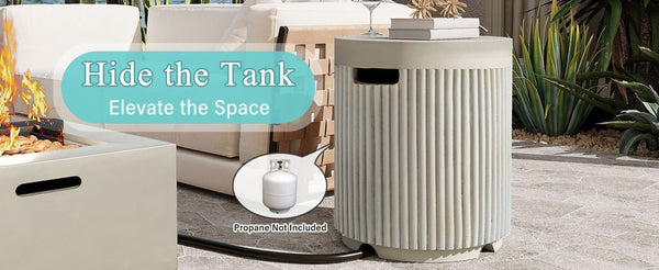 English Elm U_style Outdoor Mgo Propane Tank Cover Round Patio Side Table Fluted Stone Finish Beige N711P410569K