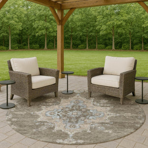 HomeRoots 8' Brown Beige and Blue Round Medallion Rug - Stylish, Washable Indoor/Outdoor Area Rug for Any Space 659200