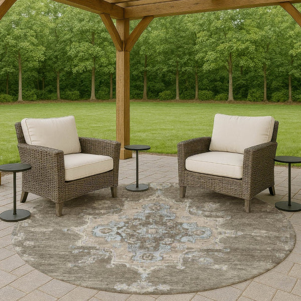 HomeRoots 8' Brown Beige and Blue Round Medallion Rug - Stylish, Washable Indoor/Outdoor Area Rug for Any Space 659200