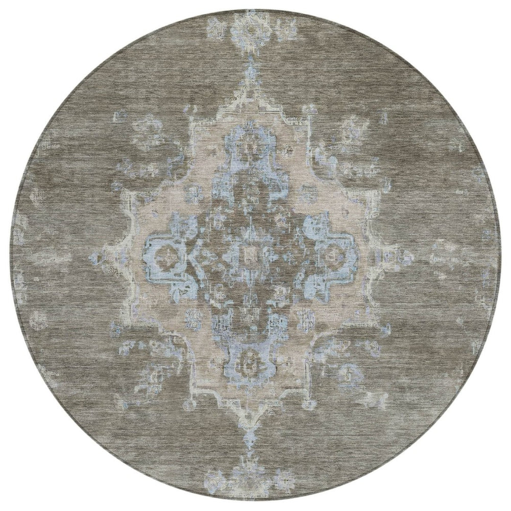 HomeRoots 8' Brown Beige and Blue Round Medallion Rug - Stylish, Washable Indoor/Outdoor Area Rug for Any Space 659200