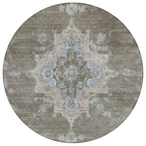 HomeRoots 8' Brown Beige and Blue Round Medallion Rug - Stylish, Washable Indoor/Outdoor Area Rug for Any Space 659200