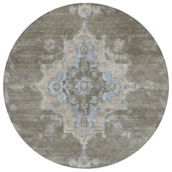 HomeRoots 8' Brown Beige and Blue Round Medallion Rug - Stylish, Washable Indoor/Outdoor Area Rug for Any Space 659200