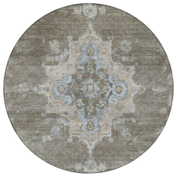 HomeRoots 8' Brown Beige and Blue Round Medallion Rug - Stylish, Washable Indoor/Outdoor Area Rug for Any Space 659200