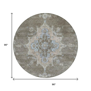 HomeRoots 8' Brown Beige and Blue Round Medallion Rug - Stylish, Washable Indoor/Outdoor Area Rug for Any Space 659200