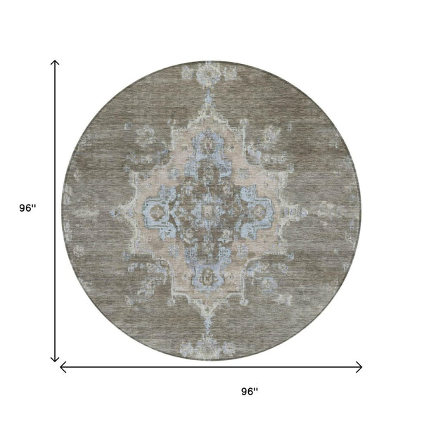 HomeRoots 8' Brown Beige and Blue Round Medallion Rug - Stylish, Washable Indoor/Outdoor Area Rug for Any Space 659200