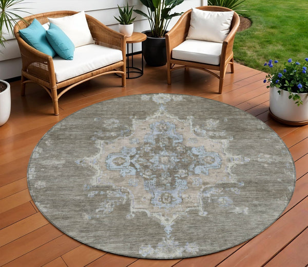 HomeRoots 8' Brown Beige and Blue Round Medallion Rug - Stylish, Washable Indoor/Outdoor Area Rug for Any Space 659200