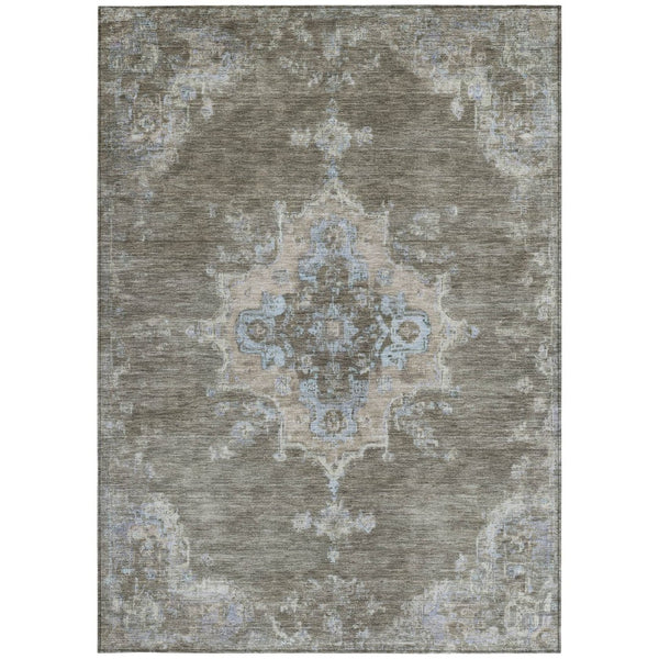 HomeRoots 8' X 10' Classic Brown Beige Blue Medallion Rug - Durable, Washable for Indoor & Outdoor Use 659201