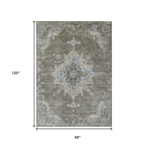 HomeRoots 8' X 10' Classic Brown Beige Blue Medallion Rug - Durable, Washable for Indoor & Outdoor Use 659201