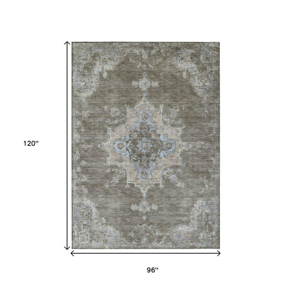 HomeRoots 8' X 10' Classic Brown Beige Blue Medallion Rug - Durable, Washable for Indoor & Outdoor Use 659201