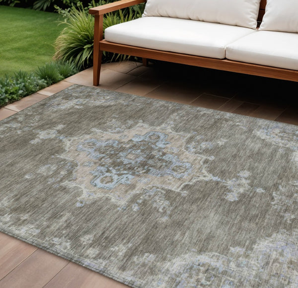 HomeRoots 9' Washable Indoor Outdoor Area Rug - Durable Brown Beige Blue Medallion Design for Every Space 659202