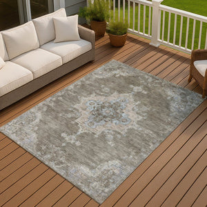 HomeRoots 9' Washable Indoor Outdoor Area Rug - Durable Brown Beige Blue Medallion Design for Every Space 659202