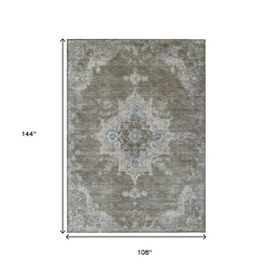 HomeRoots 9' Washable Indoor Outdoor Area Rug - Durable Brown Beige Blue Medallion Design for Every Space 659202