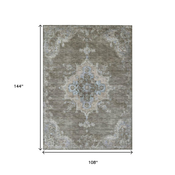 HomeRoots 9' Washable Indoor Outdoor Area Rug - Durable Brown Beige Blue Medallion Design for Every Space 659202