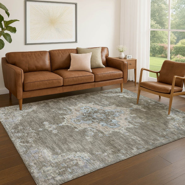 HomeRoots 9' Washable Indoor Outdoor Area Rug - Durable Brown Beige Blue Medallion Design for Every Space 659202
