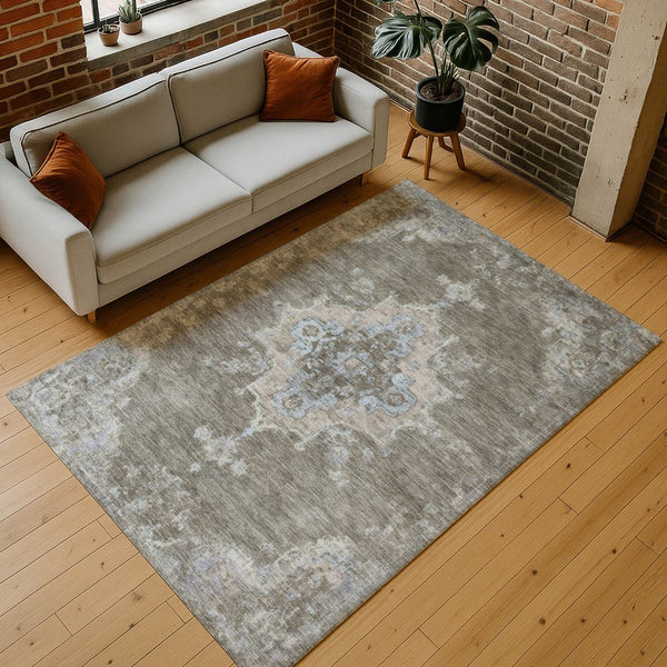 HomeRoots 9' Washable Indoor Outdoor Area Rug - Durable Brown Beige Blue Medallion Design for Every Space 659202
