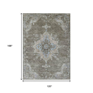 HomeRoots 10' Medallion Washable Area Rug - Brown, Beige & Blue - Indoor/Outdoor, Stain-Resistant, Durable Design 659203
