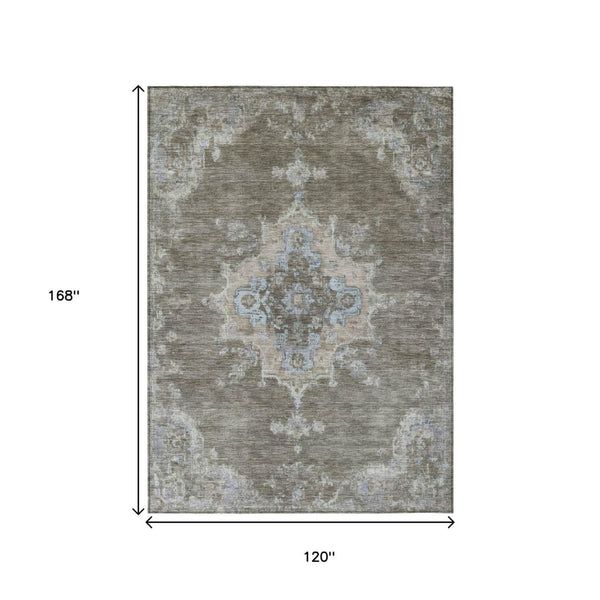 HomeRoots 10' Medallion Washable Area Rug - Brown, Beige & Blue - Indoor/Outdoor, Stain-Resistant, Durable Design 659203
