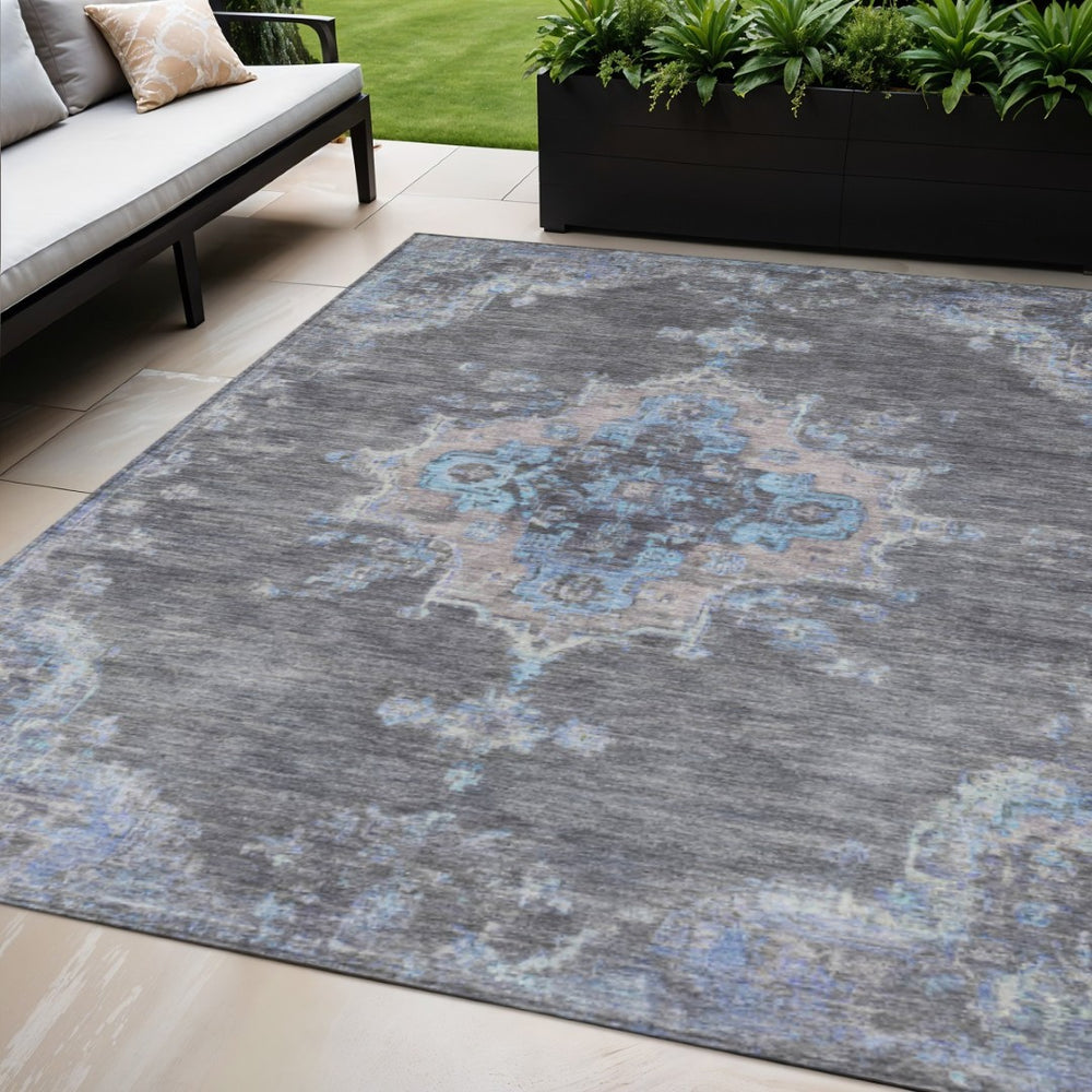 HomeRoots 5' x 8' Graphite and Blue Medallion Washable Area Rug - Durable, Stain-Resistant for Indoor & Outdoor Use 659205