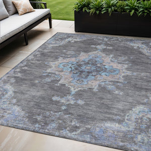 HomeRoots 5' x 8' Graphite and Blue Medallion Washable Area Rug - Durable, Stain-Resistant for Indoor & Outdoor Use 659205