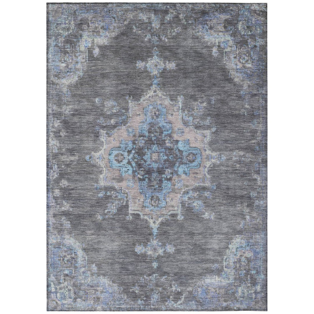 HomeRoots 5' x 8' Graphite and Blue Medallion Washable Area Rug - Durable, Stain-Resistant for Indoor & Outdoor Use 659205