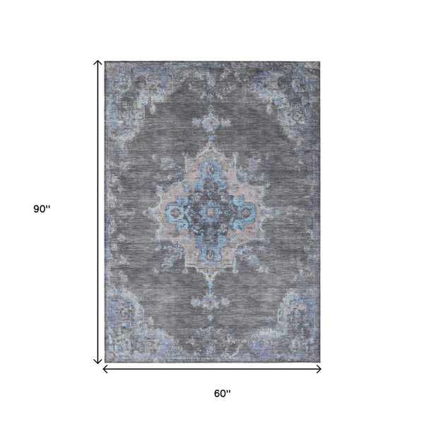 HomeRoots 5' x 8' Graphite and Blue Medallion Washable Area Rug - Durable, Stain-Resistant for Indoor & Outdoor Use 659205