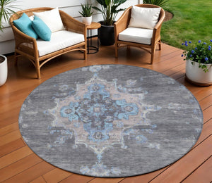 HomeRoots 8' Graphite & Blue Round Medallion Rug - Stylish, Washable, Durable for Indoor & Outdoor Use! 659206