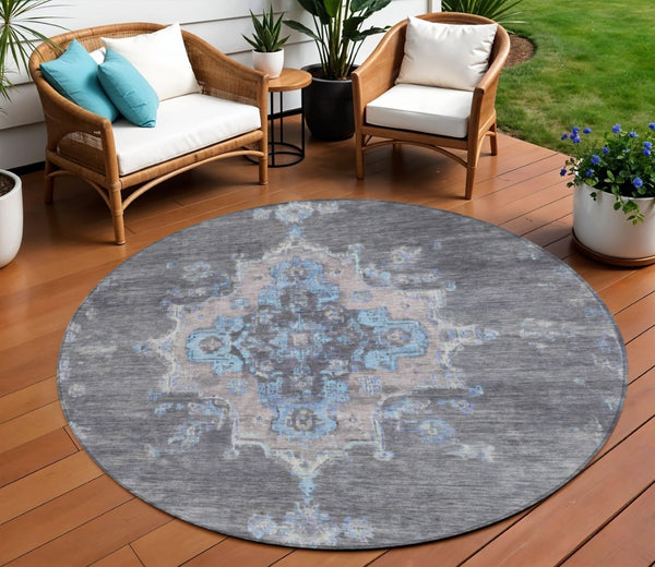 HomeRoots 8' Graphite & Blue Round Medallion Rug - Stylish, Washable, Durable for Indoor & Outdoor Use! 659206