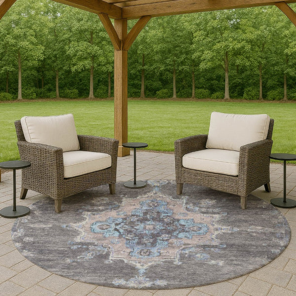 HomeRoots 8' Graphite & Blue Round Medallion Rug - Stylish, Washable, Durable for Indoor & Outdoor Use! 659206