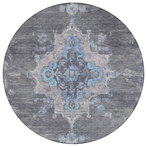 HomeRoots 8' Graphite & Blue Round Medallion Rug - Stylish, Washable, Durable for Indoor & Outdoor Use! 659206