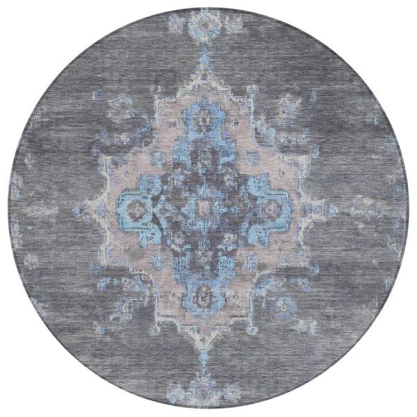 HomeRoots 8' Graphite & Blue Round Medallion Rug - Stylish, Washable, Durable for Indoor & Outdoor Use! 659206