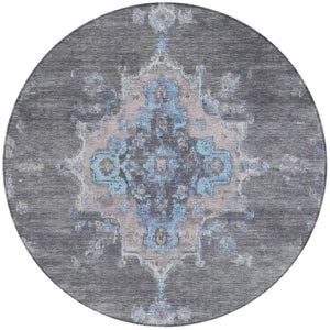 HomeRoots 8' Graphite & Blue Round Medallion Rug - Stylish, Washable, Durable for Indoor & Outdoor Use! 659206