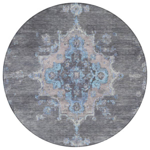 HomeRoots 8' Graphite & Blue Round Medallion Rug - Stylish, Washable, Durable for Indoor & Outdoor Use! 659206