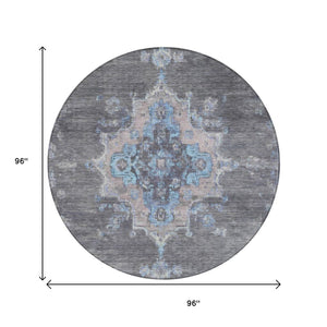 HomeRoots 8' Graphite & Blue Round Medallion Rug - Stylish, Washable, Durable for Indoor & Outdoor Use! 659206