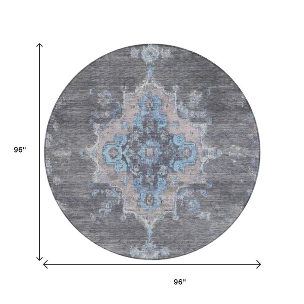 HomeRoots 8' Graphite & Blue Round Medallion Rug - Stylish, Washable, Durable for Indoor & Outdoor Use! 659206
