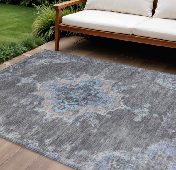 HomeRoots 8' X 10' Graphite and Blue Medallion Washable Area Rug - Stylish, Durable Indoor/Outdoor Decor Solution! 659207