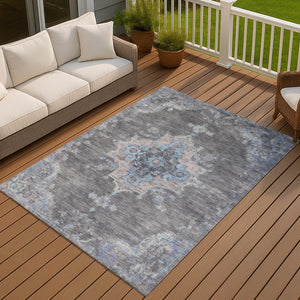 HomeRoots 8' X 10' Graphite and Blue Medallion Washable Area Rug - Stylish, Durable Indoor/Outdoor Decor Solution! 659207