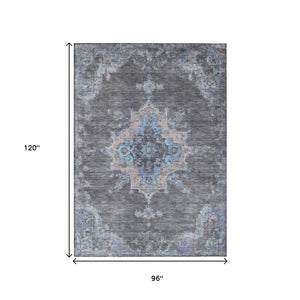 HomeRoots 8' X 10' Graphite and Blue Medallion Washable Area Rug - Stylish, Durable Indoor/Outdoor Decor Solution! 659207