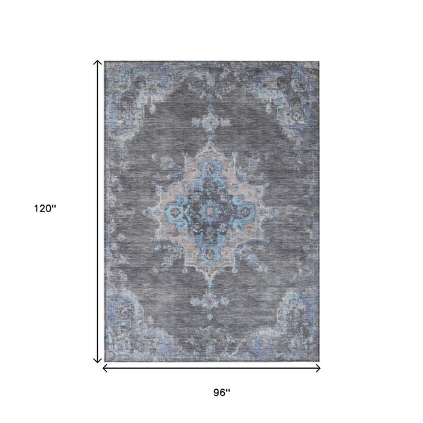 HomeRoots 8' X 10' Graphite and Blue Medallion Washable Area Rug - Stylish, Durable Indoor/Outdoor Decor Solution! 659207