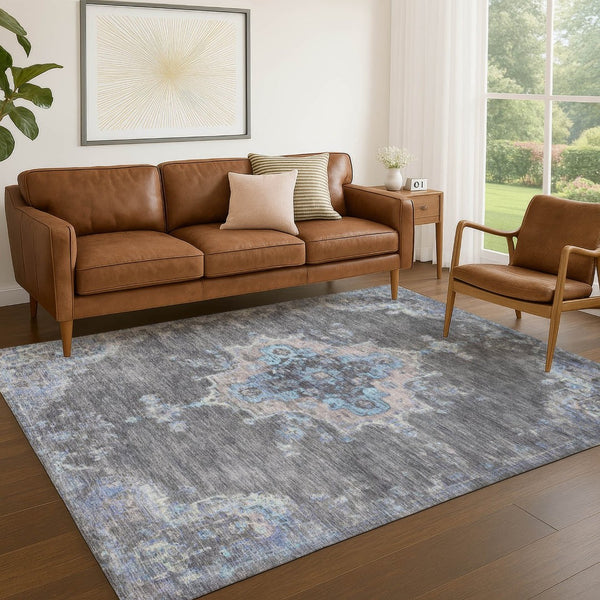 HomeRoots 8' X 10' Graphite and Blue Medallion Washable Area Rug - Stylish, Durable Indoor/Outdoor Decor Solution! 659207