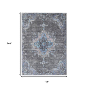 HomeRoots 9' X 12' Graphite & Blue Medallion Rug – Stylish, Washable Indoor/Outdoor Solution for High-Traffic Areas 659208
