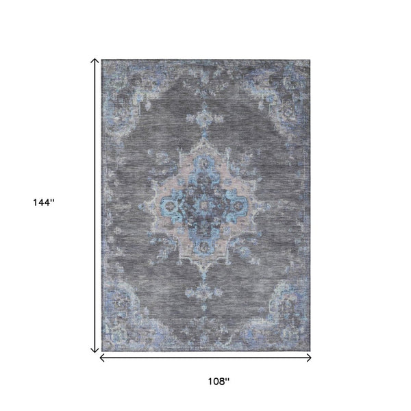 HomeRoots 9' X 12' Graphite & Blue Medallion Rug – Stylish, Washable Indoor/Outdoor Solution for High-Traffic Areas 659208