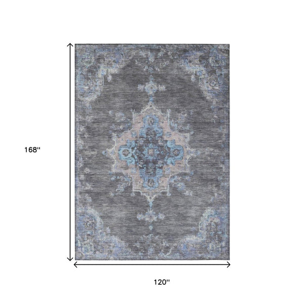 HomeRoots 10' Medallion Area Rug - Stylish Graphite & Blue Washable Design for Indoor/Outdoor Living Spaces 659209