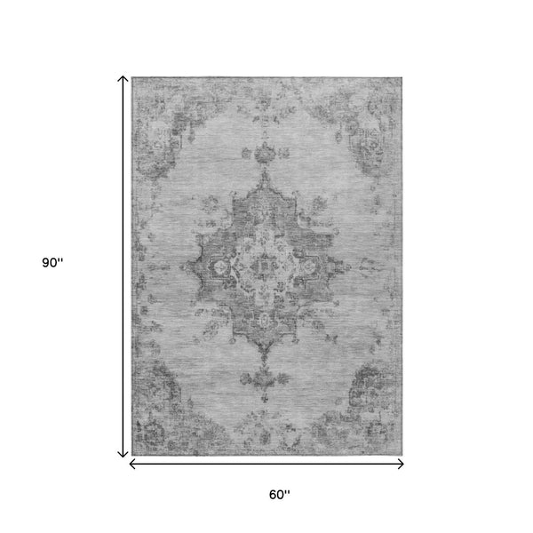 HomeRoots 5' Gray and Silver Medallion Area Rug – Elegant, Washable, Durable for Indoor & Outdoor Spaces 659211