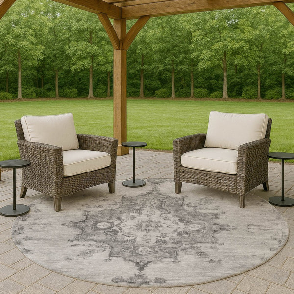 HomeRoots 8' Gray and Silver Round Medallion Rug - Stylish, Washable, Indoor/Outdoor Area Rug for Easy Care 659212